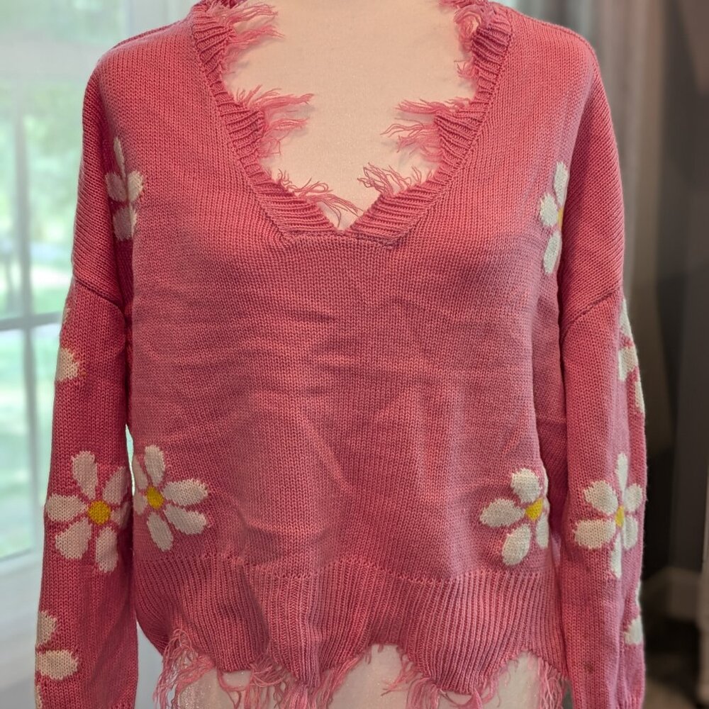 Just Polly Pink Daisy Knit Sweater Cropped Raw Distressed Hem Oversized‎ Size L